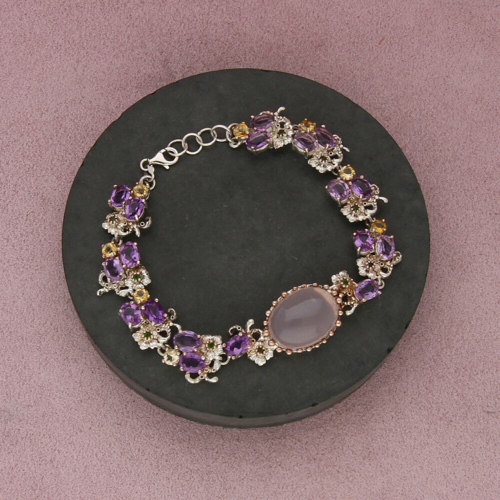 sterling silver floral rose quartz amethyst citrine peridot bracelet size 8in